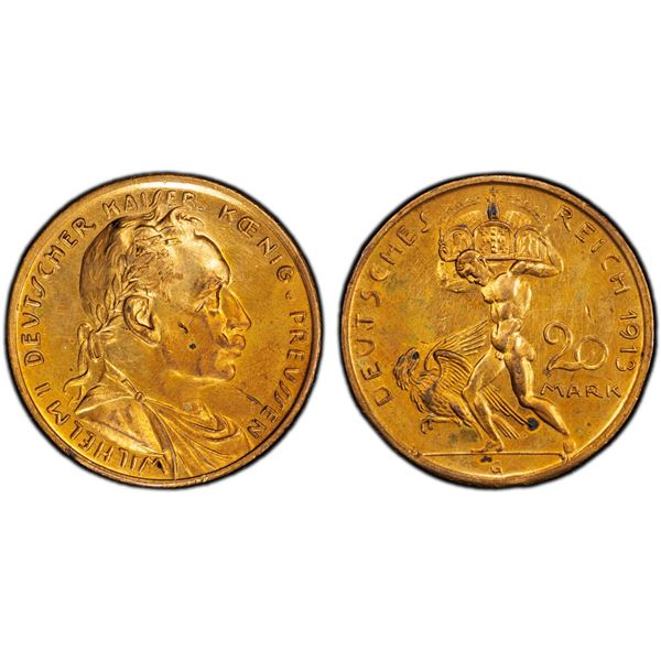 PRUSSIA: Wilhelm II, 1888-1918, gilt AE 20 mark, Karlsruhe Mint, 1913-G, PCGS Specimen 62 RB