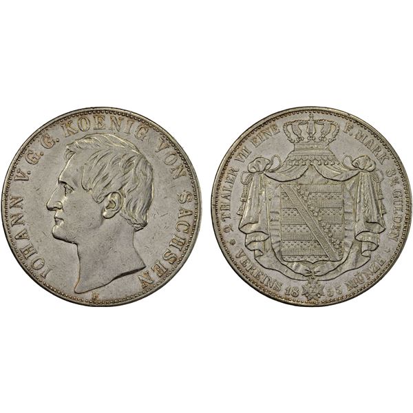 SAXONY: Johann, 1854-1873, AR 2 thaler, Dresden, 1855, VF