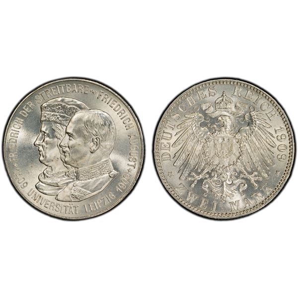 SAXONY: Friedrich August III, 1904-1918, AR 2 mark, 1909, PCGS MS65
