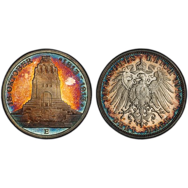 SAXONY: Friedrich August III, 1904-1918, AR 3 mark, 1913-E, PCGS Proof 63 DCAM