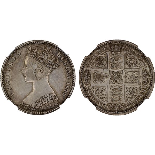 GREAT BRITAIN: Victoria, 1837-1901, AR florin, 1849, NGC AU55