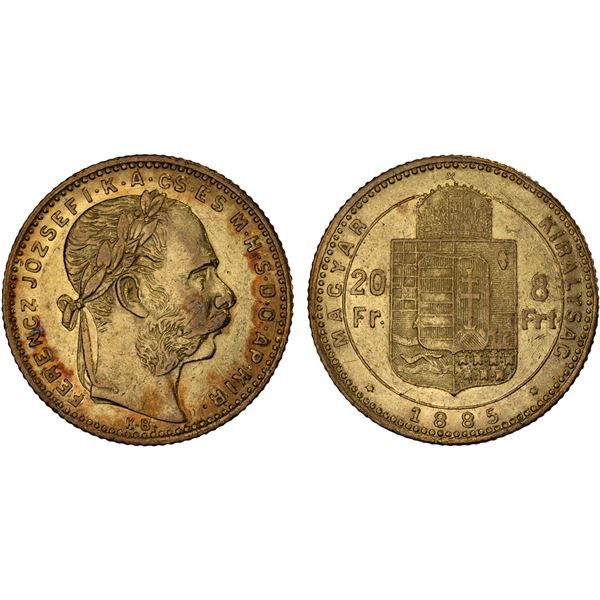 HUNGARY: Franz Joseph I, 1848-1916, AV 20 forint, 1885, AU