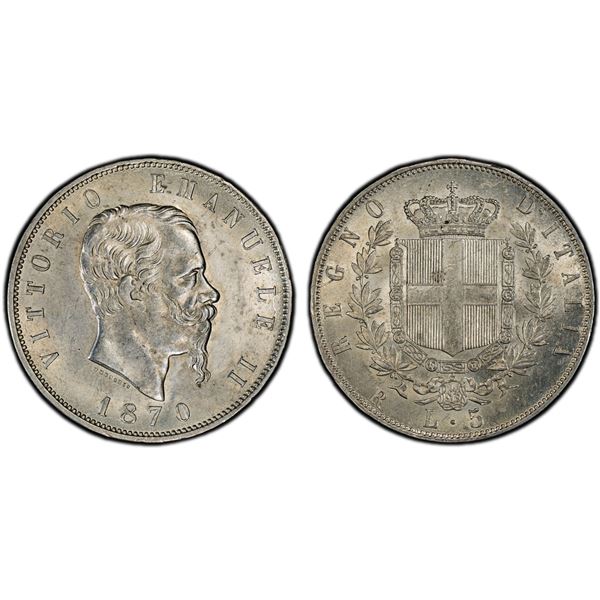 ITALY: Vittorio Emanuele II, 1861-1878, AR 5 lire, 1870-R, PCGS MS62