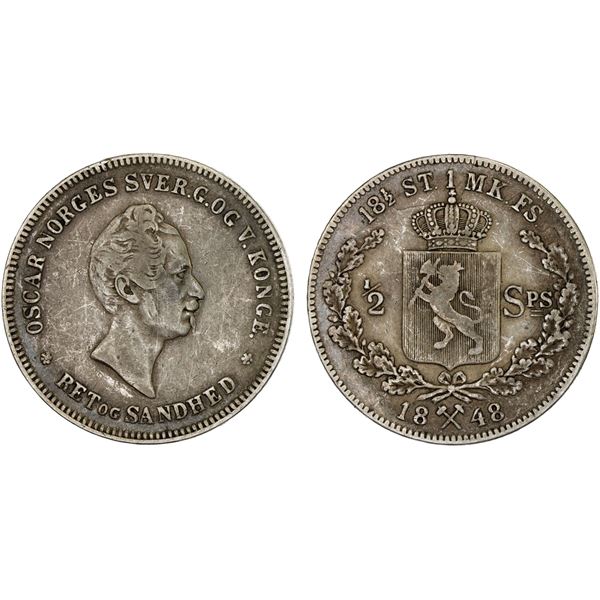 NORWAY: Oscar I, 1844-1859, AR 1/2 specie daler, 1848, Fine