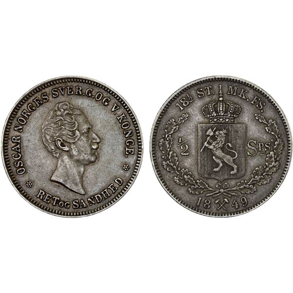 NORWAY: Oscar I, 1844-1859, AR 1/2 specie daler, 1849, Choice VF