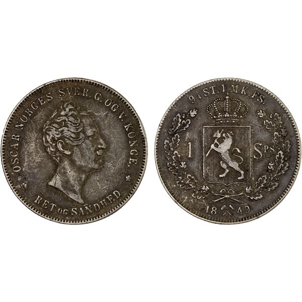 NORWAY: Oscar I, 1844-1859, AR specie daler, 1849, VF