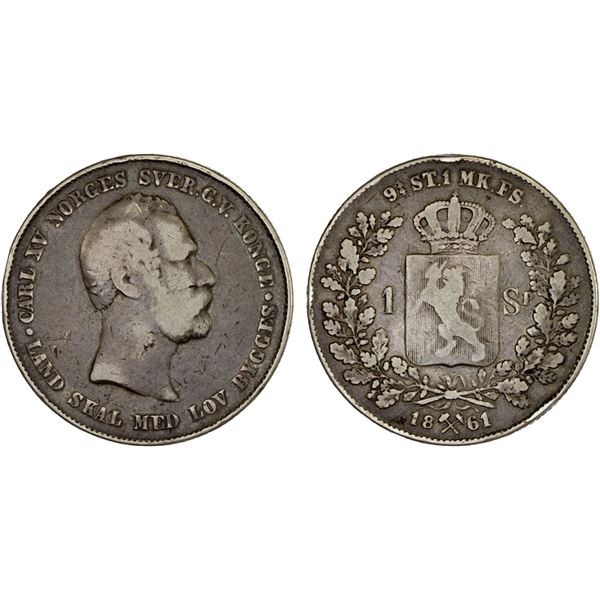 NORWAY: Carl XV Adolf, 1859-1872, AR specie daler, 1861, VG
