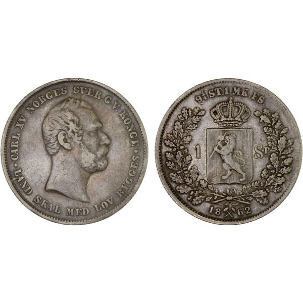 NORWAY: Carl XV Adolf, 1859-1872, AR specie daler, 1862, F-VF