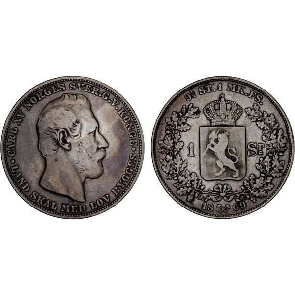 NORWAY: Carl XV Adolf, 1859-1872, AR specie daler, 1869, Fine