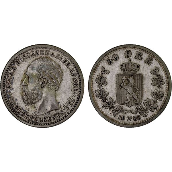 NORWAY: Oscar II, 1872-1907, AR 50 øre, 1885, VF-XF