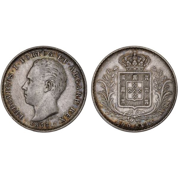 PORTUGAL: Luiz I, 1861-1889, AR 500 reis, 1872, XF