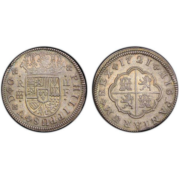 SPAIN: Felipe V, 1700-1746, AR 2 reales (pistareen), Segovia, 1721, PCGS MS63