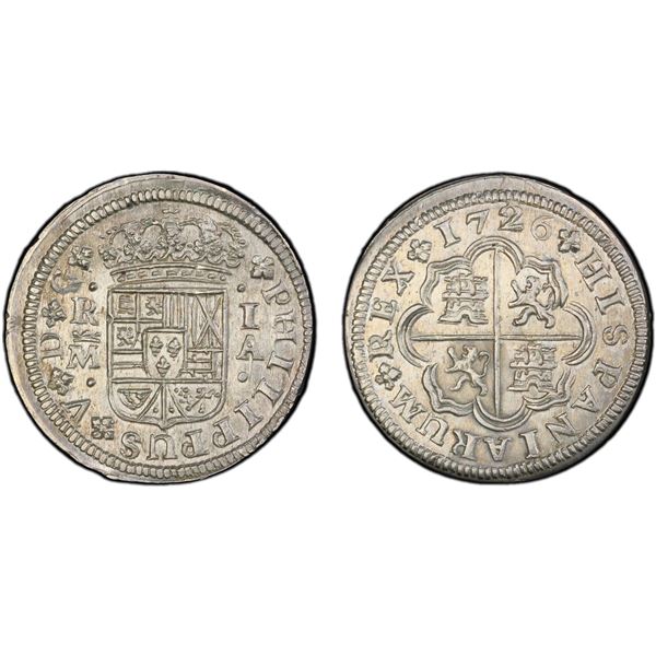 SPAIN: Felipe V, 1700-1746, AR real, Madrid, 1726-M, PCGS MS62