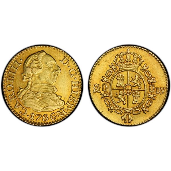 SPAIN: Carlos III, 1759-1788, AV 1/2 escudo, 1786-M, PCGS AU58