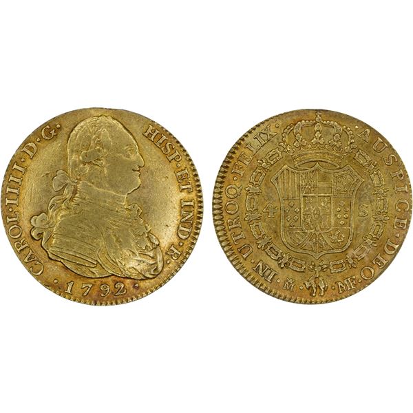 SPAIN: Carlos IV, 1788-1808, AV 4 escudos, Madrid, 1792-M, ANACS XF40 details