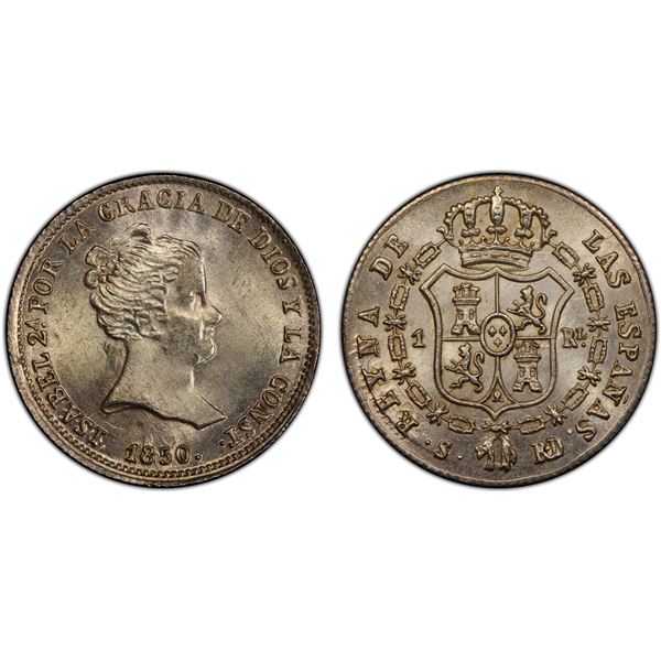 SPAIN: Isabel II, 1833-1868, AR real, Sevilla, 1850-S, PCGS MS64