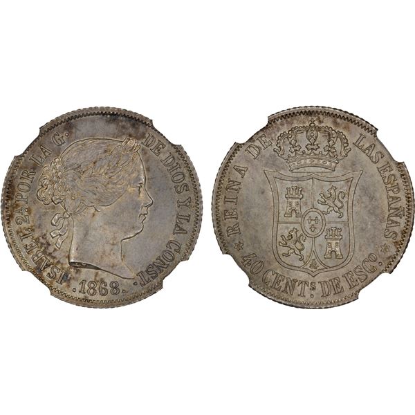 SPAIN: Isabel II, 1833-1868, AR 40 centimos, Madrid, 1868 (68), NGC MS63