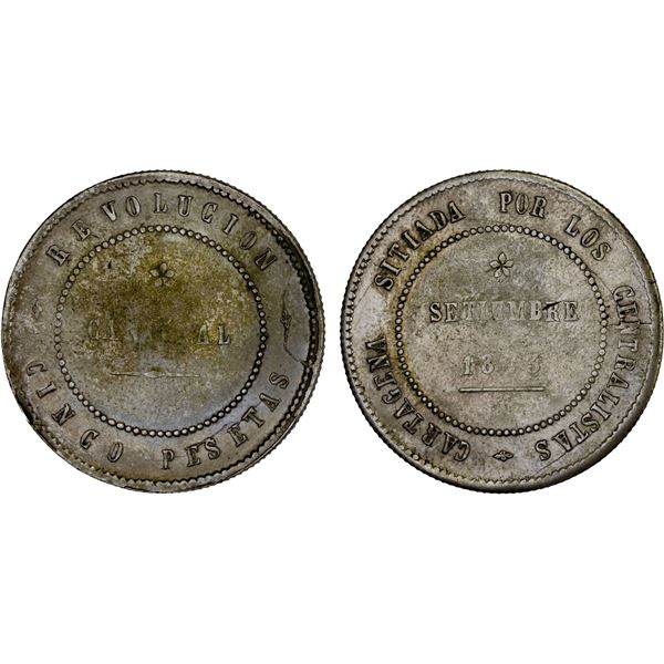 SPAIN: Revolutionary Issue, AR 5 pesetas (20 reales), Cartegena, 1873, XF