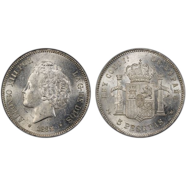 SPAIN: Alfonso XIII, 1886-1931, AR 5 pesetas, 1892 (92), PCGS MS62