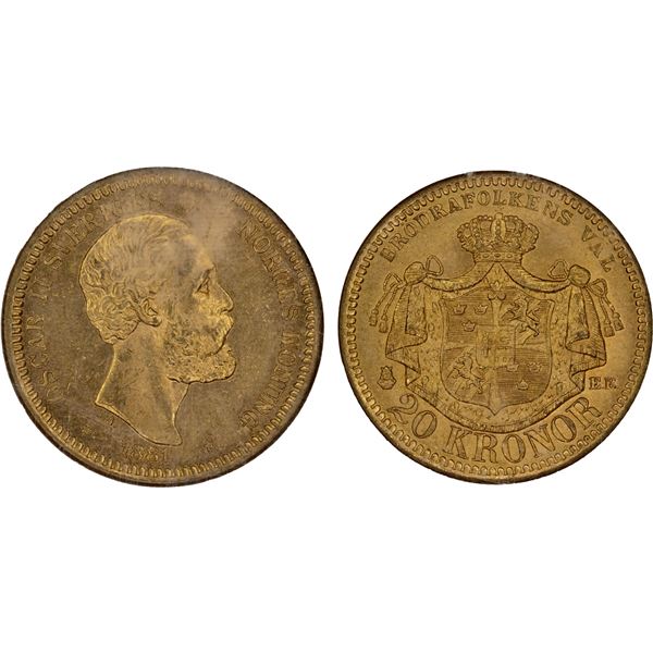 SWEDEN: Oscar II, 1872-1907, AV 20 kronor, 1881, NGC MS64