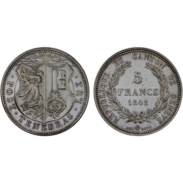SWITZERLAND: GENEVA: Canton, AR 5 francs, 1848, Choice AU