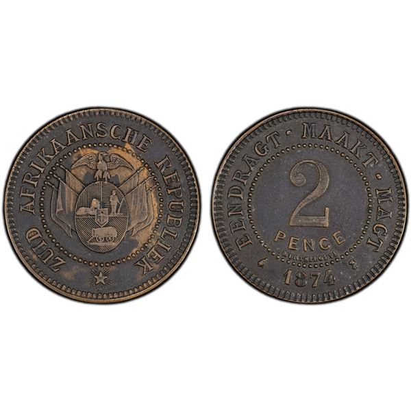 SOUTH AFRICA: Zuid Afrikaansche Republiek, AE 2 pence, 1874, PCGS Specimen 53