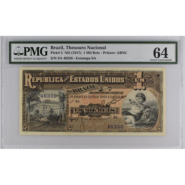 BRAZIL: Republic, 1 mil reis, ND (1917), PMG MS64