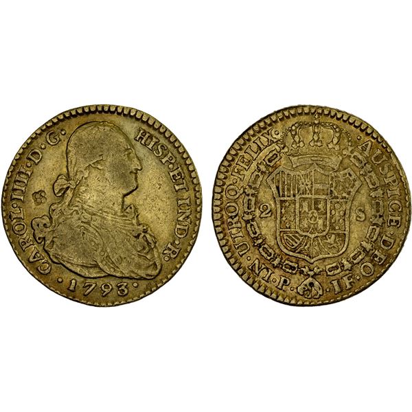 COLOMBIA: Carlos IV, 1788-1808, AV 2 escudos, Popayan, 1793-P, F-VF