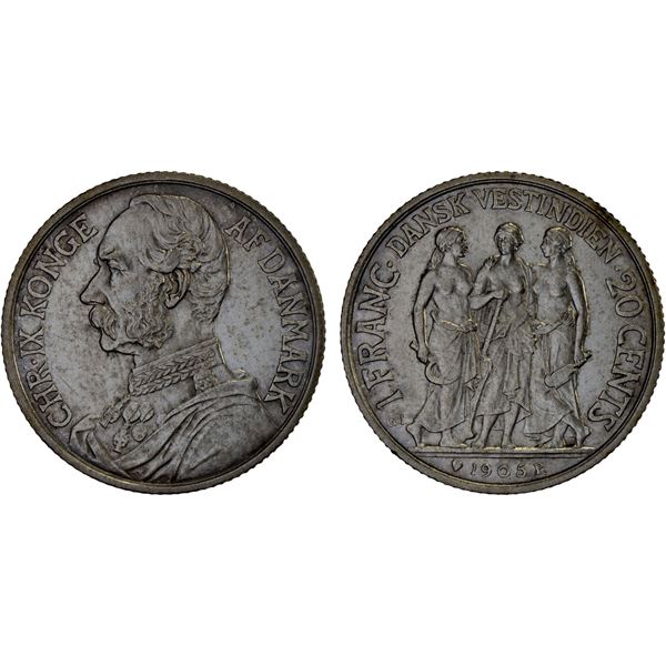 DANISH WEST INDIES: Christian IX, 1863-1906, AR 20 cents / 1 franc, 1905, Choice AU