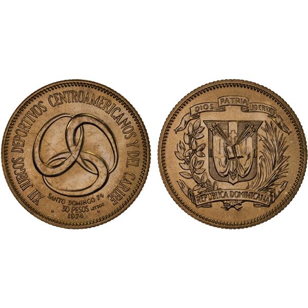 DOMINICAN REPUBLIC: Republic, AV 30 pesos, 1974, Gem Unc