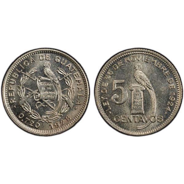 GUATEMALA: Republic, AR 5 centavos, 1925, PCGS MS65