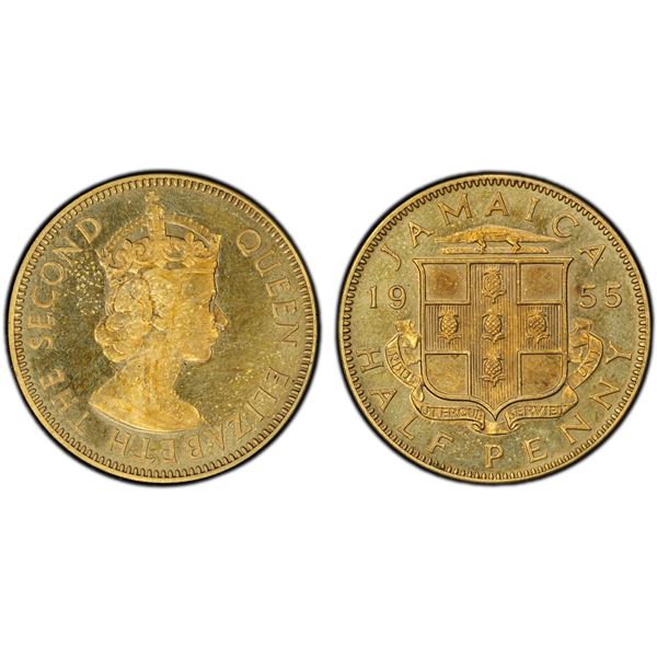 JAMAICA: Elizabeth II, 1952-2022, 1/2 penny, 1955, PCGS MS63