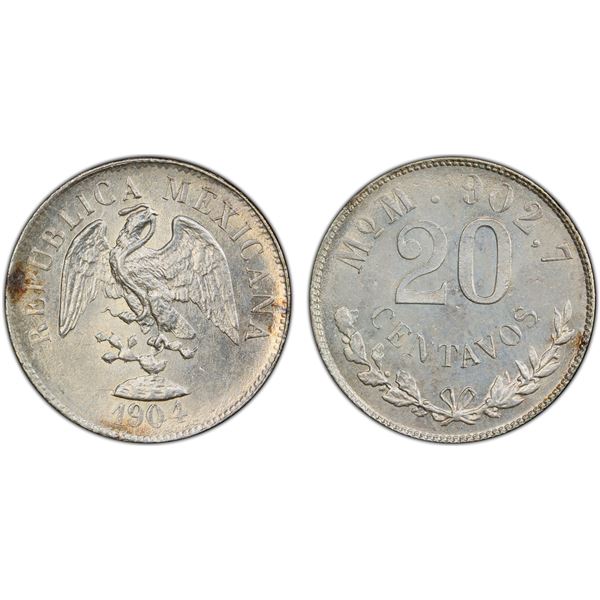 MEXICO: Republic, AR 20 centavos, 1904-Mo, PCGS MS64