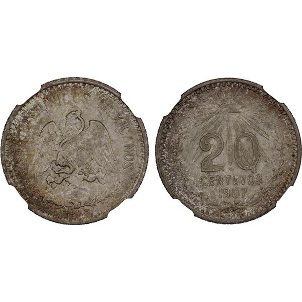 MEXICO: Estados Unidos, AR 20 centavos, 1907-M, NGC MS66