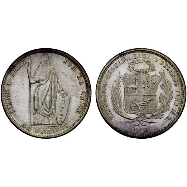 PERU: Republic, AR 50 centimos, 1858, Unc