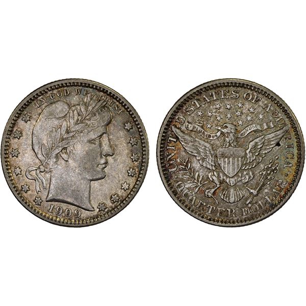 UNITED STATES:  AR 25 cents, 1909-S, AU