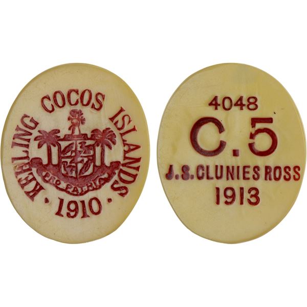 KEELING-COCOS ISLANDS: John S. Clunies Ross, 1910-1944, 5 cents token, 1913, XF-AU