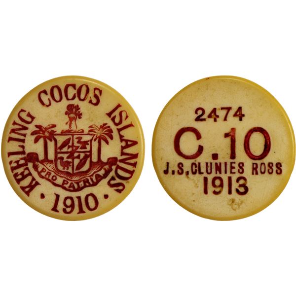 KEELING-COCOS ISLANDS: John S. Clunies Ross, 1910-1944, 10 cents token, 1913, XF