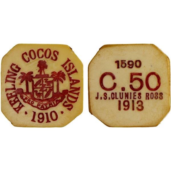 KEELING-COCOS ISLANDS: John S. Clunies Ross, 1910-1944, 50 cents token, 1913, Choice XF