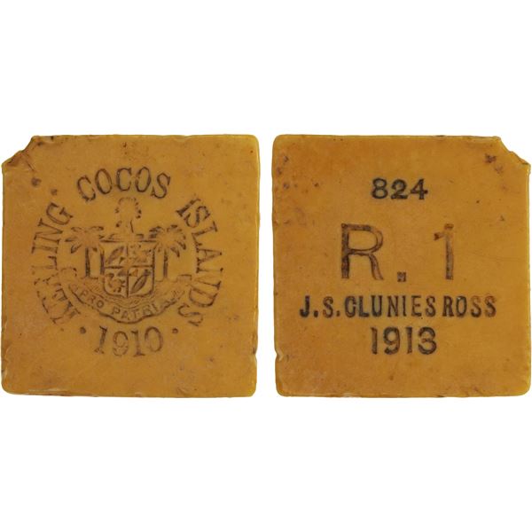 KEELING-COCOS ISLANDS: John S. Clunies Ross, 1910-1944, 1 rupee token, 1913, VF