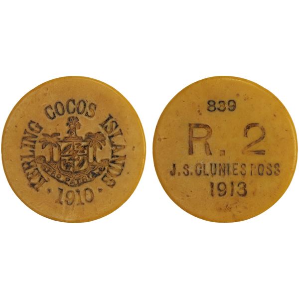 KEELING-COCOS ISLANDS: John S. Clunies Ross, 1910-1944, 2 rupees token, 1913, VF