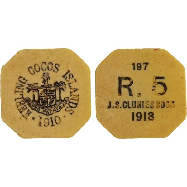 KEELING-COCOS ISLANDS: John S. Clunies Ross, 1910-1944, 5 rupees token, 1913, VF-XF