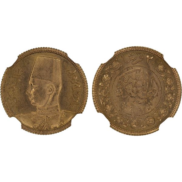 EGYPT: Farouk I, 1936-1952, AV 20 qirsh, 1938/AH1357, NGC MS65