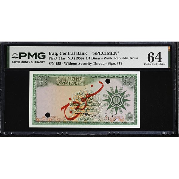 IRAQ: Republic, 1/4 dinar banknote, ND (1959), PMG MS64