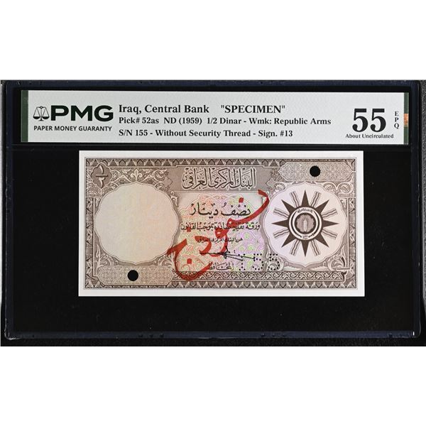 IRAQ: Republic, 1/2 dinar banknote, ND (1959), PMG AU55 EPQ