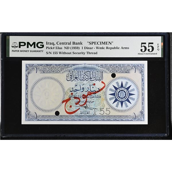 IRAQ: Republic, 1 dinar banknote, ND (1959), PMG AU55 EPQ