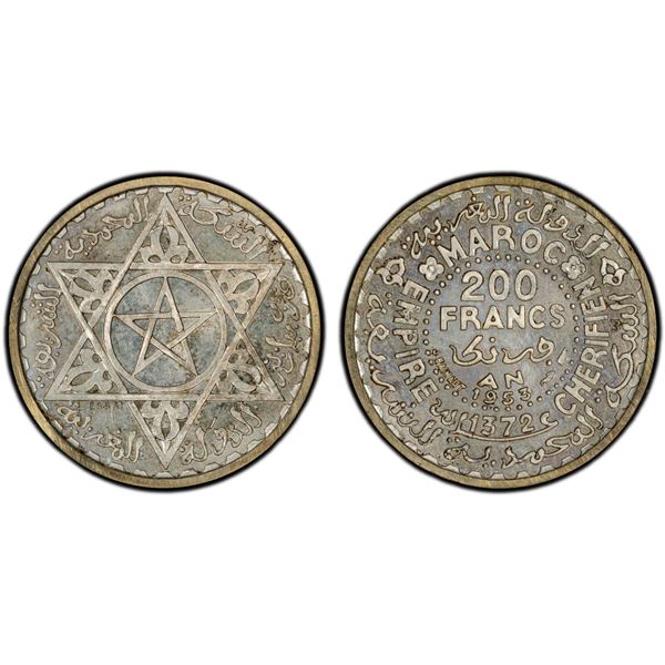 MOROCCO: Muhammad V, 1927-1962, AR 200 francs, 1953/AH1372, PCGS Specimen 66