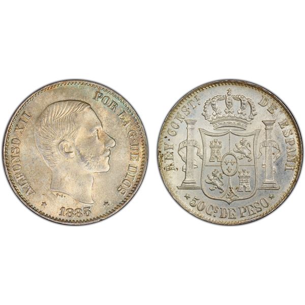 PHILIPPINES: Alfonso XII, 1874-1885, AR 50 centimos, 1885, PCGS MS64