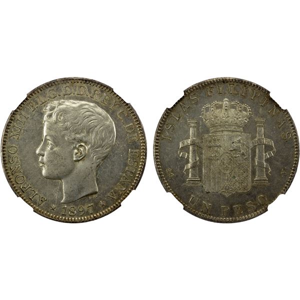 PHILIPPINES: Alfonso XIII, 1886-1931, AR peso, 1897, NGC MS62