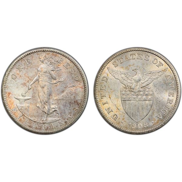 PHILIPPINES: U.S. Territory, AR peso, 1908-S, PCGS MS62
